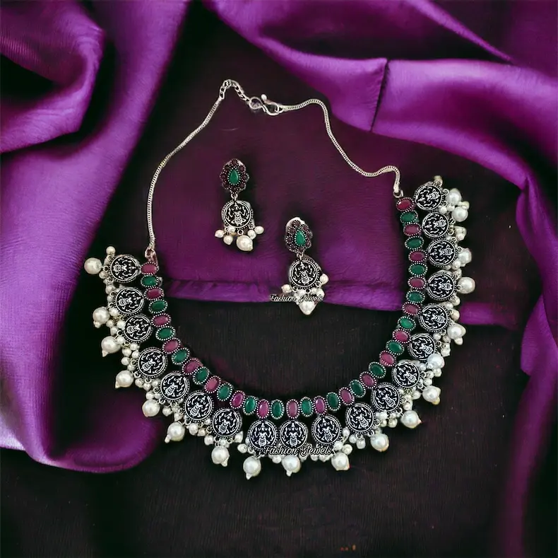 Silver Devi carved Ruby and Green stone pearl Necklace set