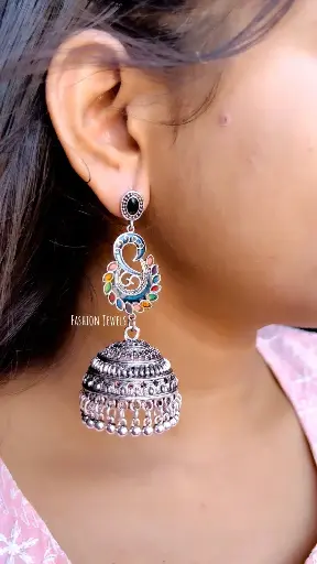 Silver Multicolored Lightweight Oxidised Jhumka